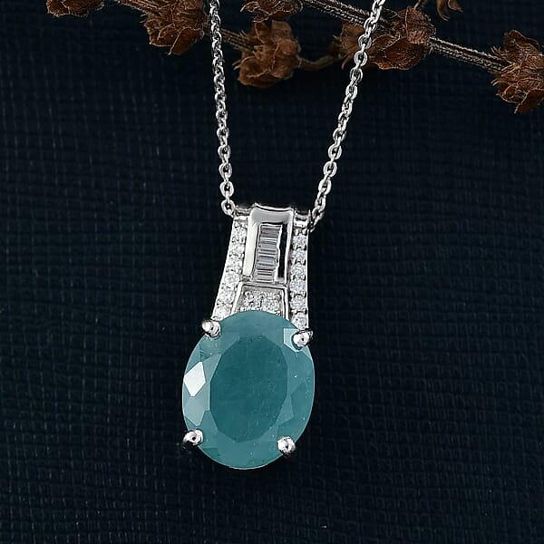 D'Joy Premium Grandidierite And Moissanite 4.70 Ctw Art Deco Pendant Necklace In Rhodium Over Sterling Silver 20 Inches