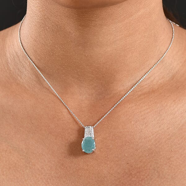 D'Joy Premium Grandidierite And Moissanite 4.70 Ctw Art Deco Pendant Necklace In Rhodium Over Sterling Silver 20 Inches