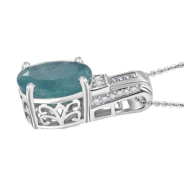 D'Joy Premium Grandidierite And Moissanite 4.70 Ctw Art Deco Pendant Necklace In Rhodium Over Sterling Silver 20 Inches