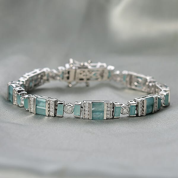 D'Joy Premium Grandidierite And Moissanite 7.50 Ctw Celestial Stream Bracelet In Rhodium Over Sterling Silver (6.50 In)