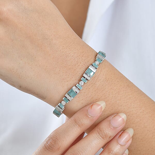 D'Joy Premium Grandidierite And Moissanite 7.50 Ctw Celestial Stream Bracelet In Rhodium Over Sterling Silver (6.50 In)