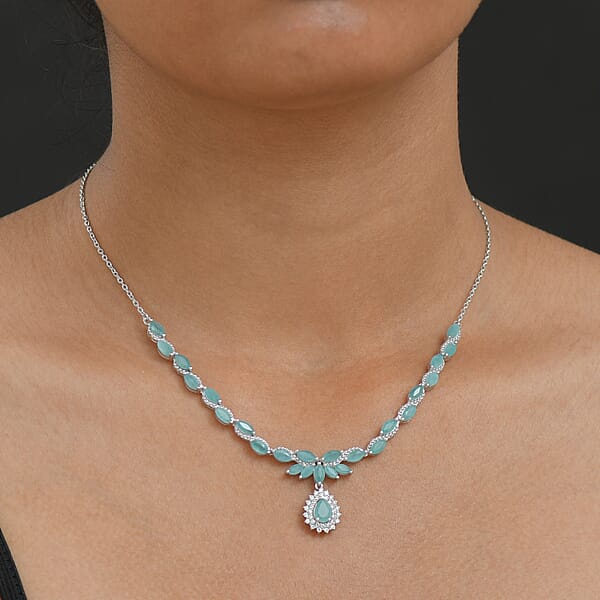 D'Joy Premium Grandidierite And Moissanite 7.95 Ctw Art Deco Necklace In Rhodium Over Sterling Silver 18-20 Inches