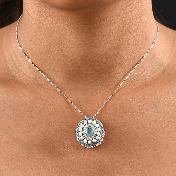 D'Joy Premium Grandidierite And Multi Gemstone 3.25 Ctw Art Deco Pendant Necklace In Rhodium Over Sterling Silver 20 Inches