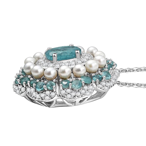 D'Joy Premium Grandidierite And Multi Gemstone 3.25 Ctw Art Deco Pendant Necklace In Rhodium Over Sterling Silver 20 Inches