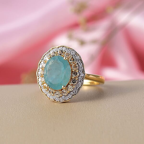 D'Joy Premium Grandidierite And Multi Gemstone 3.75 Ctw Regal Harmony Ring In 18K Vermeil Yellow Gold Over Sterling Silver