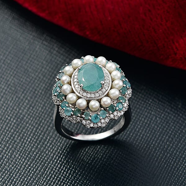 D'Joy Premium Grandidierite And Multi Gemstone 3.80 Ctw Art Deco Ring In Rhodium Over Sterling Silver
