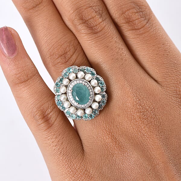 D'Joy Premium Grandidierite And Multi Gemstone 3.80 Ctw Art Deco Ring In Rhodium Over Sterling Silver