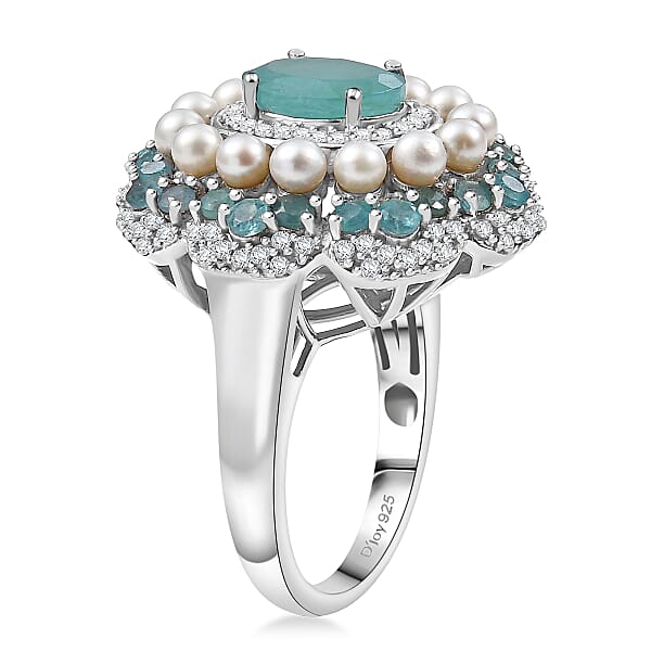 D'Joy Premium Grandidierite And Multi Gemstone 3.80 Ctw Art Deco Ring In Rhodium Over Sterling Silver