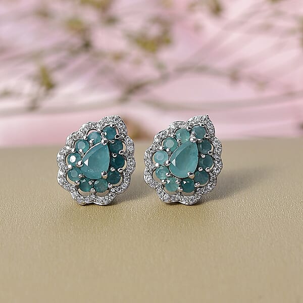 D'Joy Premium Grandidierite And White Zircon 2.10 Ctw Floral Art Deco Earrings In Rhodium Over Sterling Silver