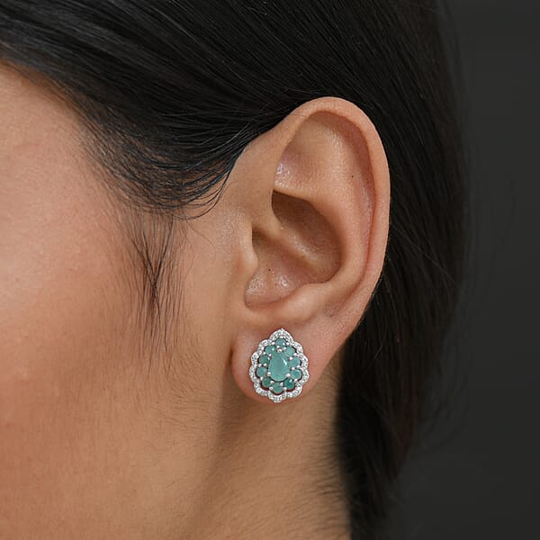 D'Joy Premium Grandidierite And White Zircon 2.10 Ctw Floral Art Deco Earrings In Rhodium Over Sterling Silver