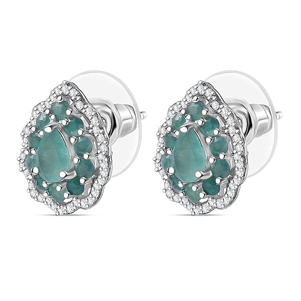 D'Joy Premium Grandidierite And White Zircon 2.10 Ctw Floral Art Deco Earrings In Rhodium Over Sterling Silver