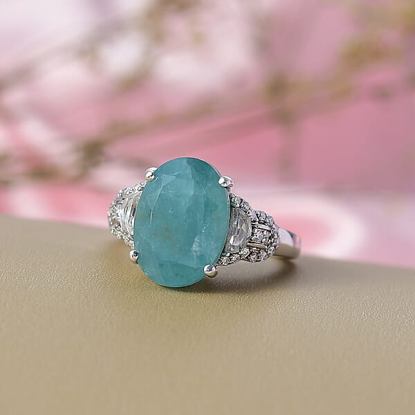 D'Joy Premium Grandidierite And White Zircon 7.50 Ctw Art Deco Elegance Ring In Rhodium Over Sterling Silver
