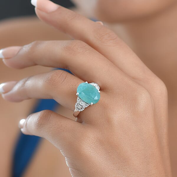 D'Joy Premium Grandidierite And White Zircon 7.50 Ctw Art Deco Elegance Ring In Rhodium Over Sterling Silver