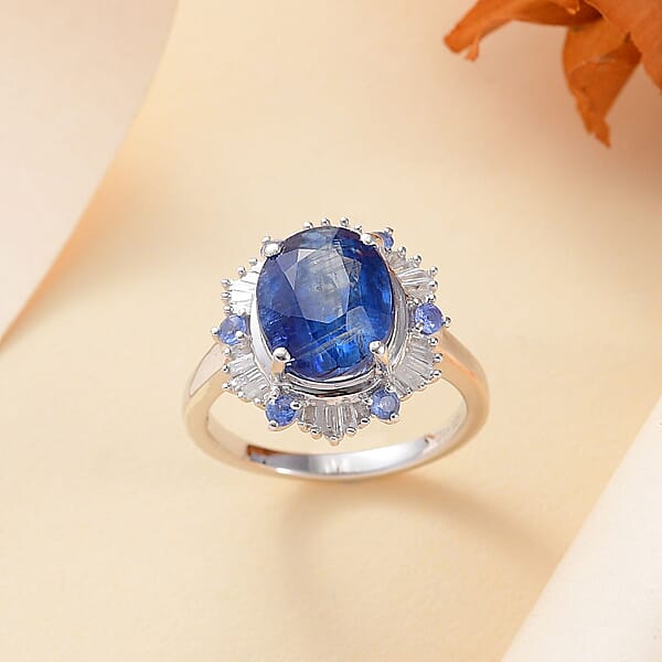 D'Joy Premium Himalayan Kyanite Ceylon Sapphire And Diamond 4.90 Ctw Midnight Halo Ring In Rhodium Over Sterling Silver