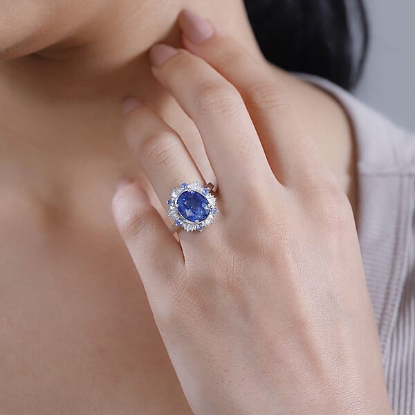 D'Joy Premium Himalayan Kyanite Ceylon Sapphire And Diamond 4.90 Ctw Midnight Halo Ring In Rhodium Over Sterling Silver