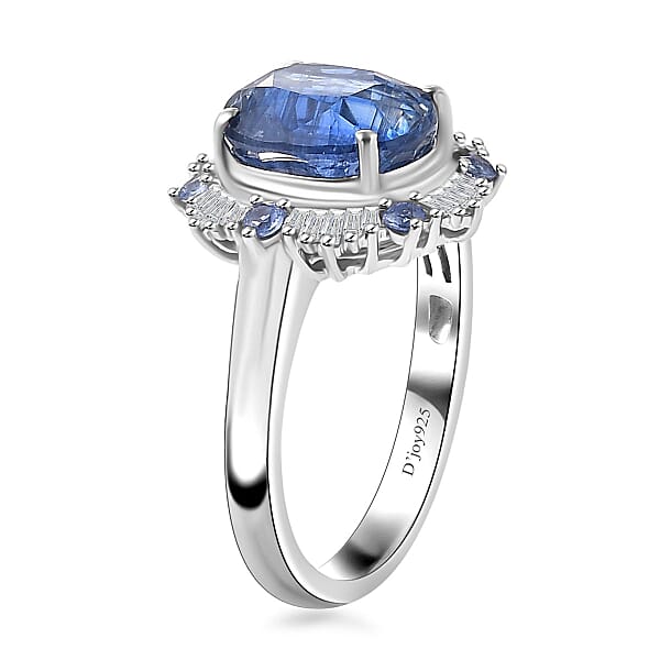 D'Joy Premium Himalayan Kyanite Ceylon Sapphire And Diamond 4.90 Ctw Midnight Halo Ring In Rhodium Over Sterling Silver