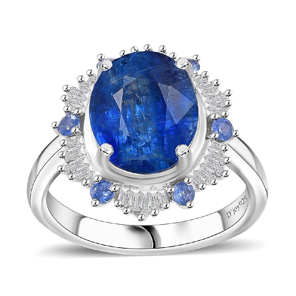 D'Joy Premium Himalayan Kyanite Ceylon Sapphire and Diamond 4.90 ctw Midnight Halo Ring in Rhodium Over Sterling Silver