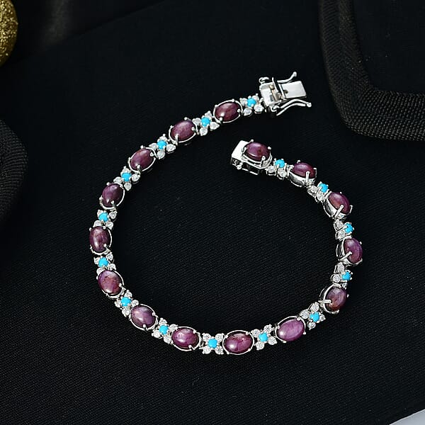 D'Joy Premium Indian Star Ruby And Multi Gemstone 22.35 Ctw Skyfire Bracelet In Rhodium Over Sterling Silver (6.50 In)