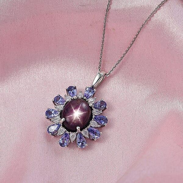 D'Joy Premium Indian Star Ruby And Multi Gemstone 9.50 Ctw Celestial Starburst Pendant Necklace In Rhodium Over Sterling Silver 20 Inches
