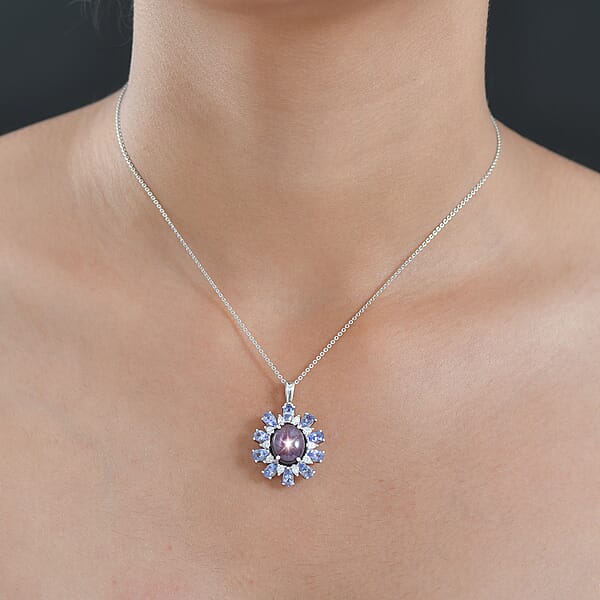 D'Joy Premium Indian Star Ruby And Multi Gemstone 9.50 Ctw Celestial Starburst Pendant Necklace In Rhodium Over Sterling Silver 20 Inches