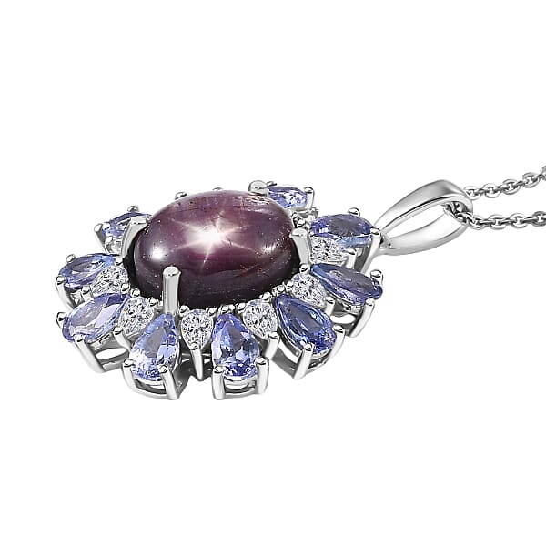 D'Joy Premium Indian Star Ruby And Multi Gemstone 9.50 Ctw Celestial Starburst Pendant Necklace In Rhodium Over Sterling Silver 20 Inches