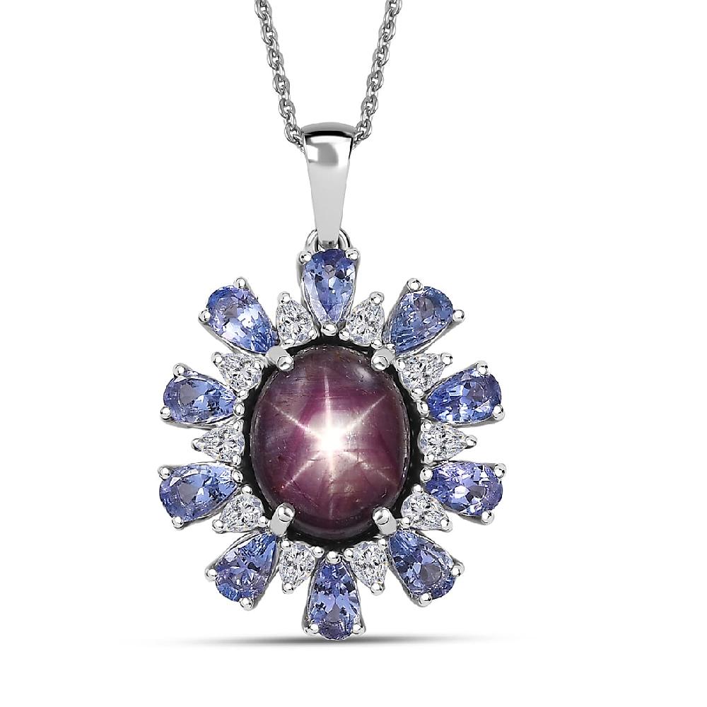 D'Joy Premium Indian Star Ruby and Multi Gemstone 9.50 ctw Celestial Starburst Pendant Necklace in Rhodium Over Sterling Silver 20 Inches