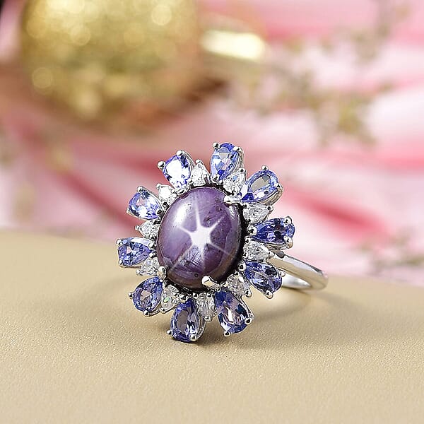 D'Joy Premium Indian Star Ruby And Multi Gemstone 9.30 Ctw Celestial Starburst Ring In Rhodium Over Sterling Silver