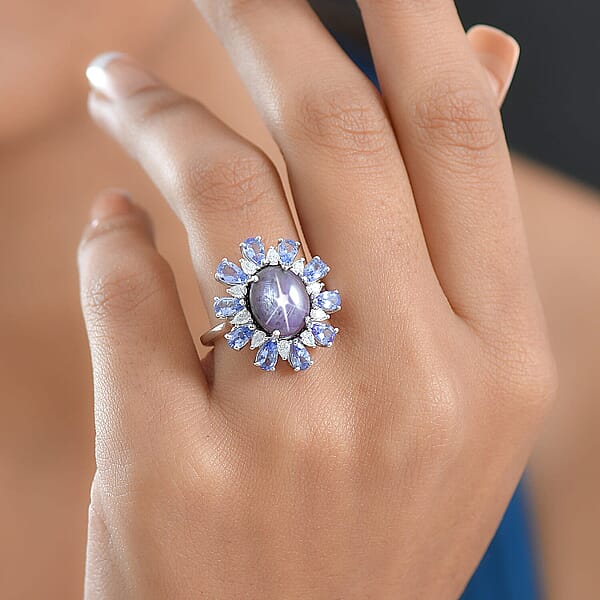D'Joy Premium Indian Star Ruby And Multi Gemstone 9.30 Ctw Celestial Starburst Ring In Rhodium Over Sterling Silver