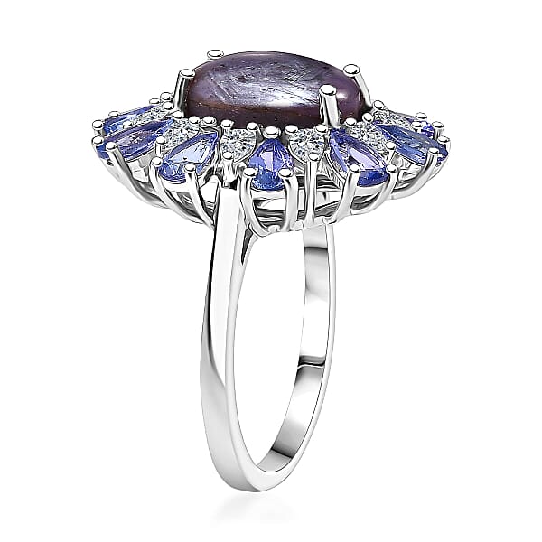 D'Joy Premium Indian Star Ruby And Multi Gemstone 9.30 Ctw Celestial Starburst Ring In Rhodium Over Sterling Silver
