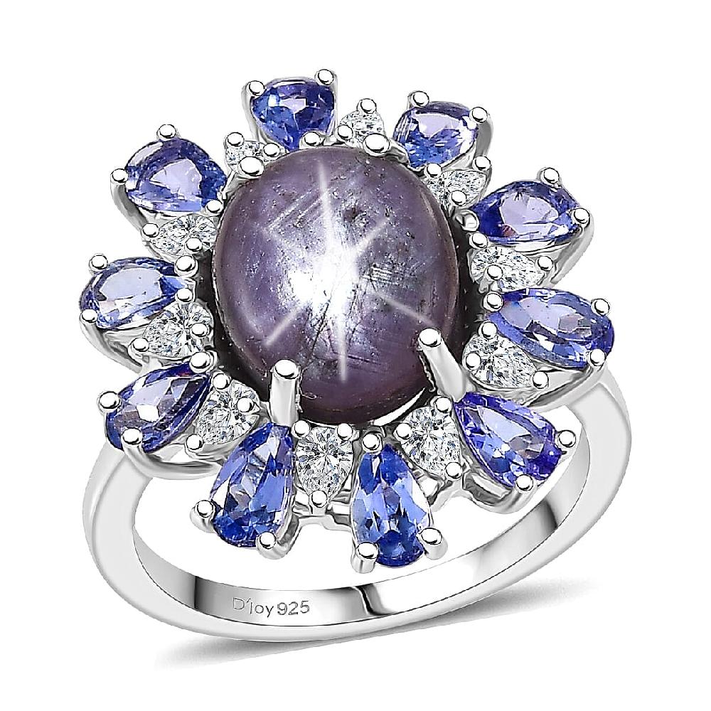 D'Joy Premium Indian Star Ruby and Multi Gemstone 9.30 ctw Celestial Starburst Ring in Rhodium Over Sterling Silver