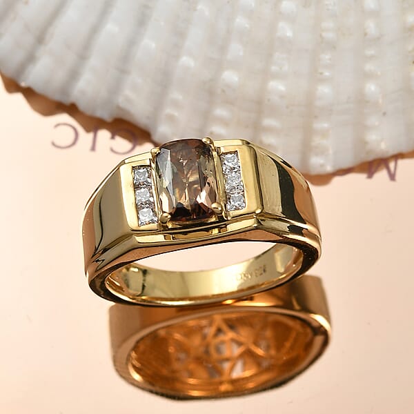 D'Joy Premium Jenipapo Andalusite And Moissanite 1.60 Ctw Men's Ring In 18K Vermeil Yellow Gold Over Sterling Silver
