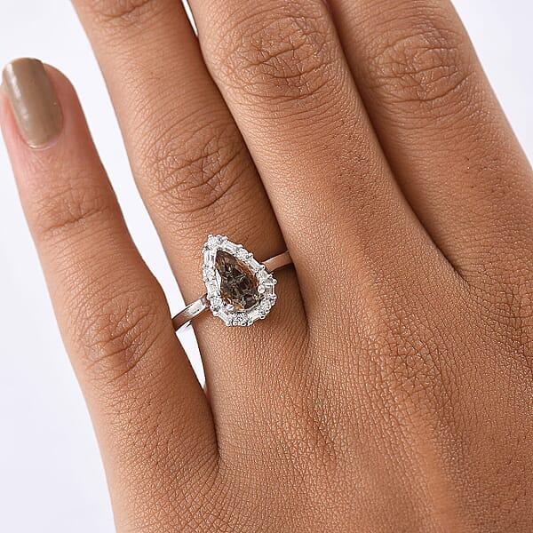 D'Joy Premium Jenipapo Andalusite And Moissanite 1.50 Ctw Ring In Rhodium Over Sterling Silver