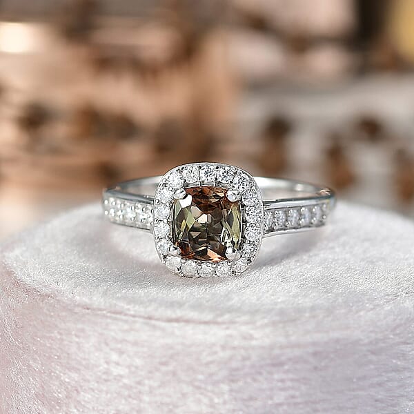 D'Joy Premium Jenipapo Andalusite And Moissanite 1.30 Ctw Ring In Rhodium Over Sterling Silver