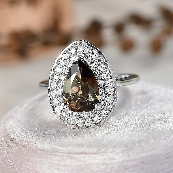 D'Joy Premium Jenipapo Andalusite And Moissanite 2.30 Ctw Ring In Rhodium Over Sterling Silver