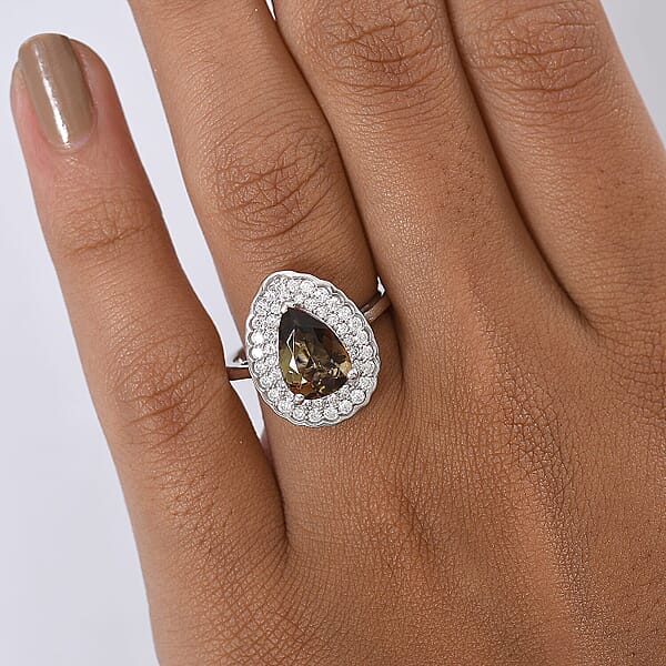 D'Joy Premium Jenipapo Andalusite And Moissanite 2.30 Ctw Ring In Rhodium Over Sterling Silver