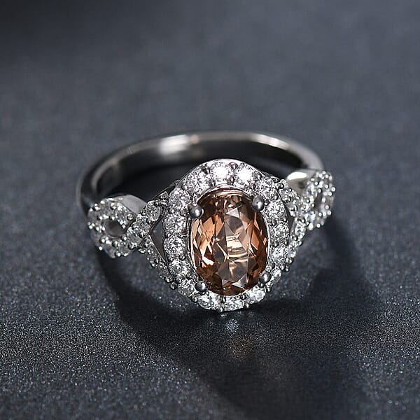 D'Joy Premium Jenipapo Andalusite And Moissanite 2.30 Ctw Ring In Rhodium Over Sterling Silver
