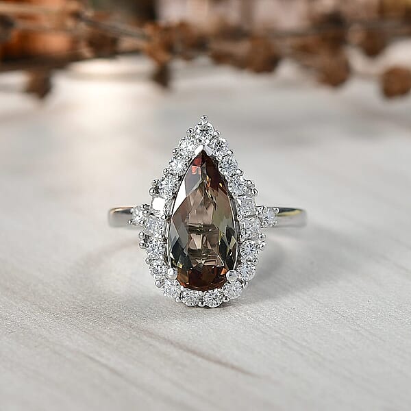 D'Joy Premium Jenipapo Andalusite And Moissanite 3.25 Ctw Ring In Rhodium Over Sterling Silver