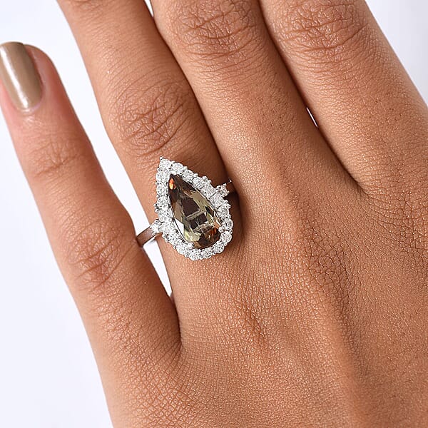 D'Joy Premium Jenipapo Andalusite And Moissanite 3.25 Ctw Ring In Rhodium Over Sterling Silver