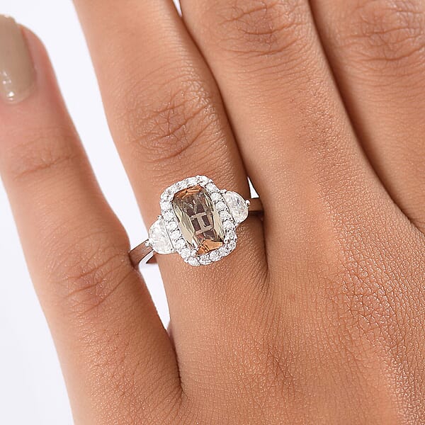 D'Joy Premium Jenipapo Andalusite And Moissanite 3.25 Ctw Ring In Rhodium Over Sterling Silver