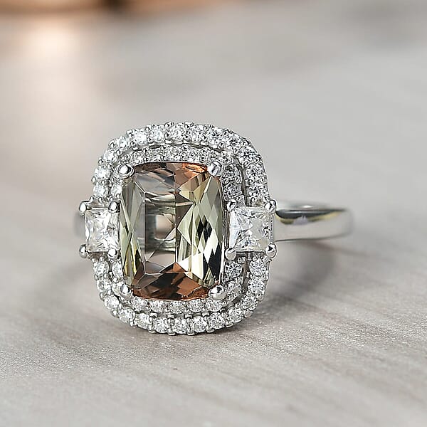 D'Joy Premium Jenipapo Andalusite And Moissanite 3.40 Ctw Ring In Rhodium Over Sterling Silver