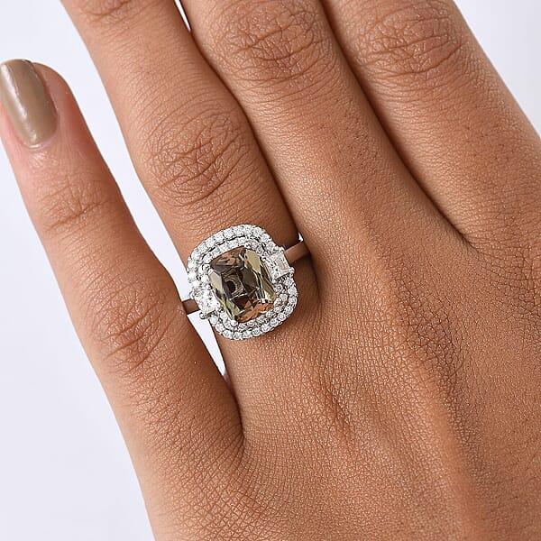 D'Joy Premium Jenipapo Andalusite And Moissanite 3.40 Ctw Ring In Rhodium Over Sterling Silver