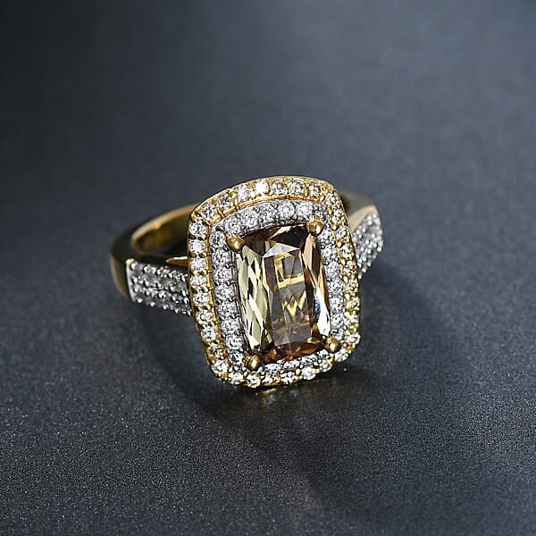 D'Joy Premium Jenipapo Andalusite White And Champagne Moissanite 4.20 Ctw Ring In 18K Vermeil Yellow Gold Over Sterling Silver