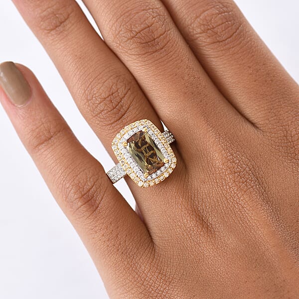 D'Joy Premium Jenipapo Andalusite White And Champagne Moissanite 4.20 Ctw Ring In 18K Vermeil Yellow Gold Over Sterling Silver