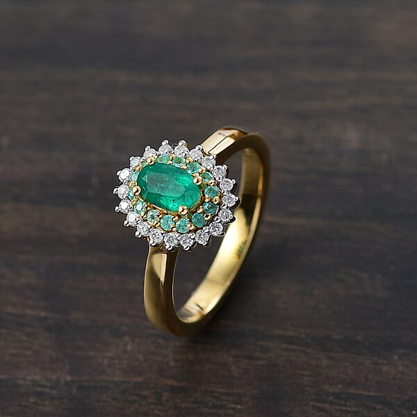 D'Joy Premium Kagem Zambian Emerald AAA Paraiba Tourmaline And Diamond 0.80 Ctw Double Halo Ring In 18K Vermeil Yellow Gold Over Sterling Silver