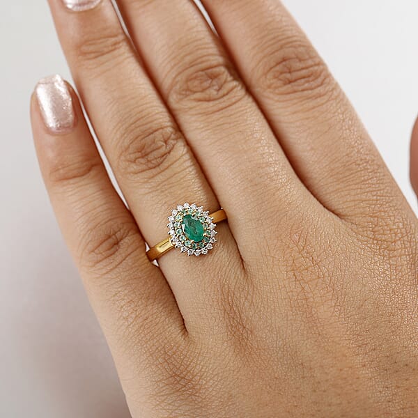 D'Joy Premium Kagem Zambian Emerald AAA Paraiba Tourmaline And Diamond 0.80 Ctw Double Halo Ring In 18K Vermeil Yellow Gold Over Sterling Silver
