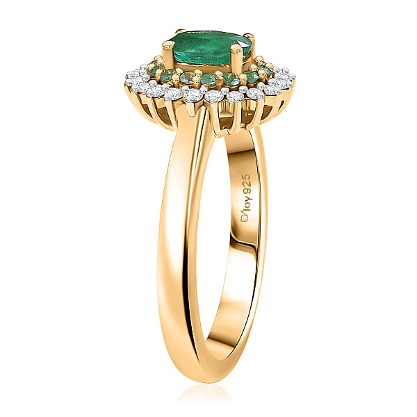 D'Joy Premium Kagem Zambian Emerald AAA Paraiba Tourmaline And Diamond 0.80 Ctw Double Halo Ring In 18K Vermeil Yellow Gold Over Sterling Silver
