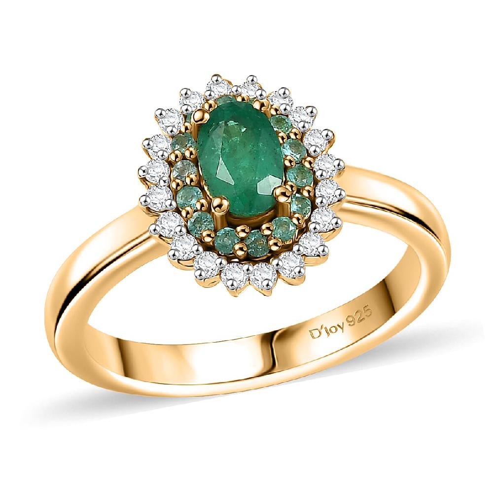 D'Joy Premium Kagem Zambian Emerald AAA Paraiba Tourmaline and Diamond 0.80 ctw Double Halo Ring in 18K Vermeil Yellow Gold Over Sterling Silver