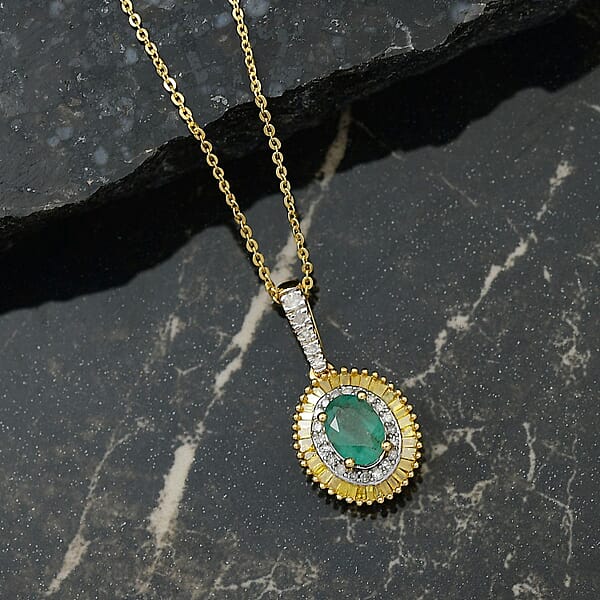 D'Joy Premium Kagem Zambian Emerald And Diamond 1.15 Ctw Halo Pendant Necklace In 18K Vermeil Yellow Gold Over Sterling Silver 20 Inches