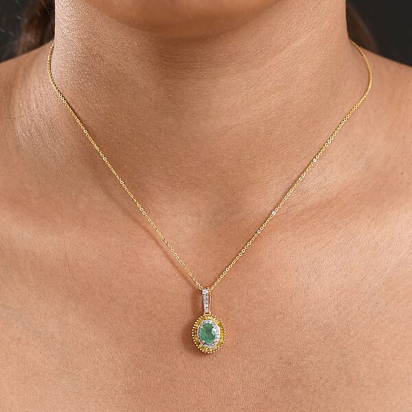 D'Joy Premium Kagem Zambian Emerald And Diamond 1.15 Ctw Halo Pendant Necklace In 18K Vermeil Yellow Gold Over Sterling Silver 20 Inches