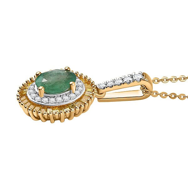 D'Joy Premium Kagem Zambian Emerald And Diamond 1.15 Ctw Halo Pendant Necklace In 18K Vermeil Yellow Gold Over Sterling Silver 20 Inches